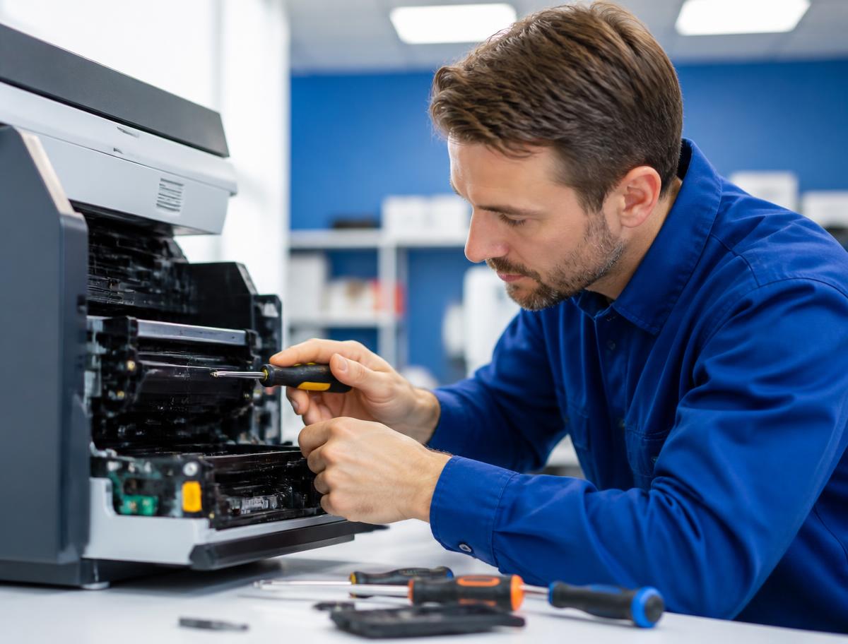 Técnico da New Tech realizando manutenção em uma impressora